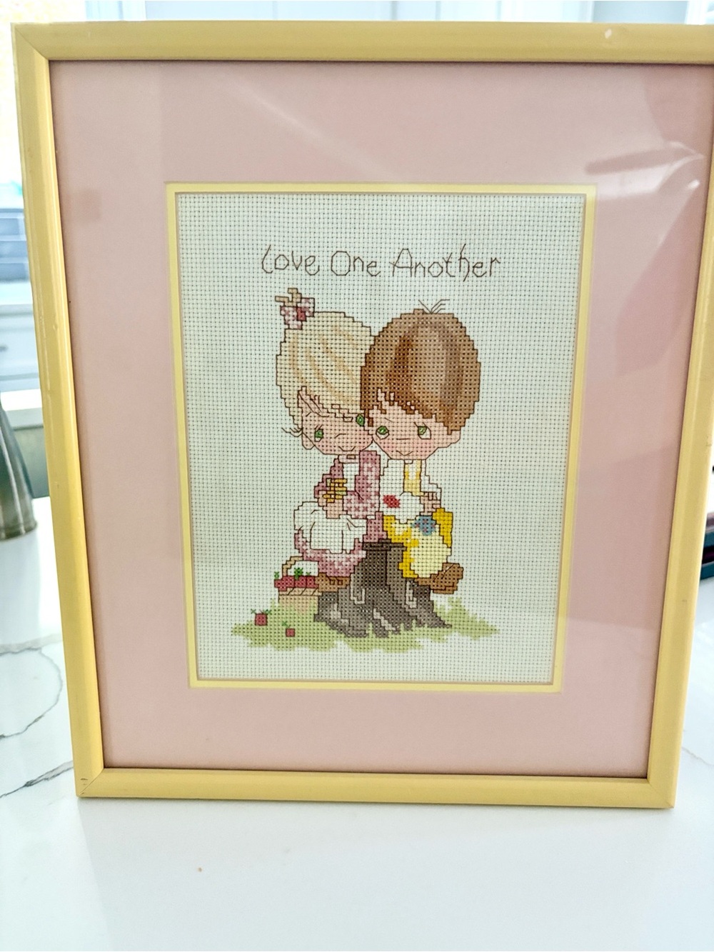 Precious Moments Framed Cross-Stitch in Pink and Yellow